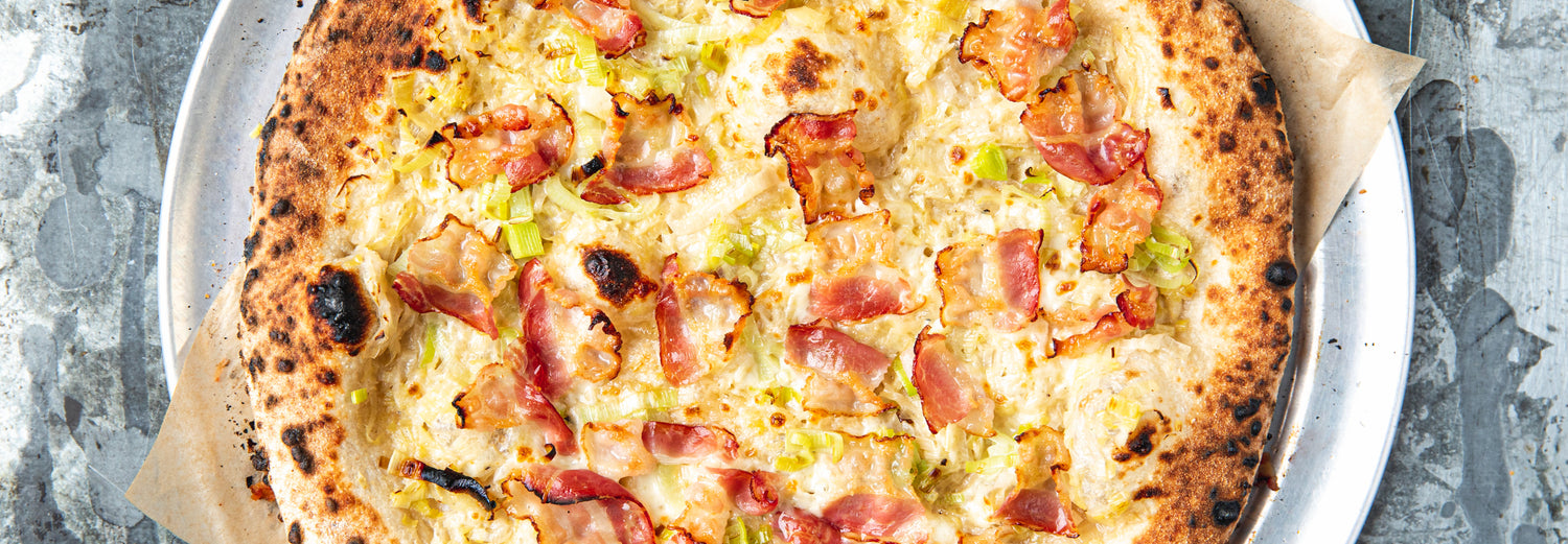 Creamed Leeks & Pancetta NY Style Pizza recipe poster image