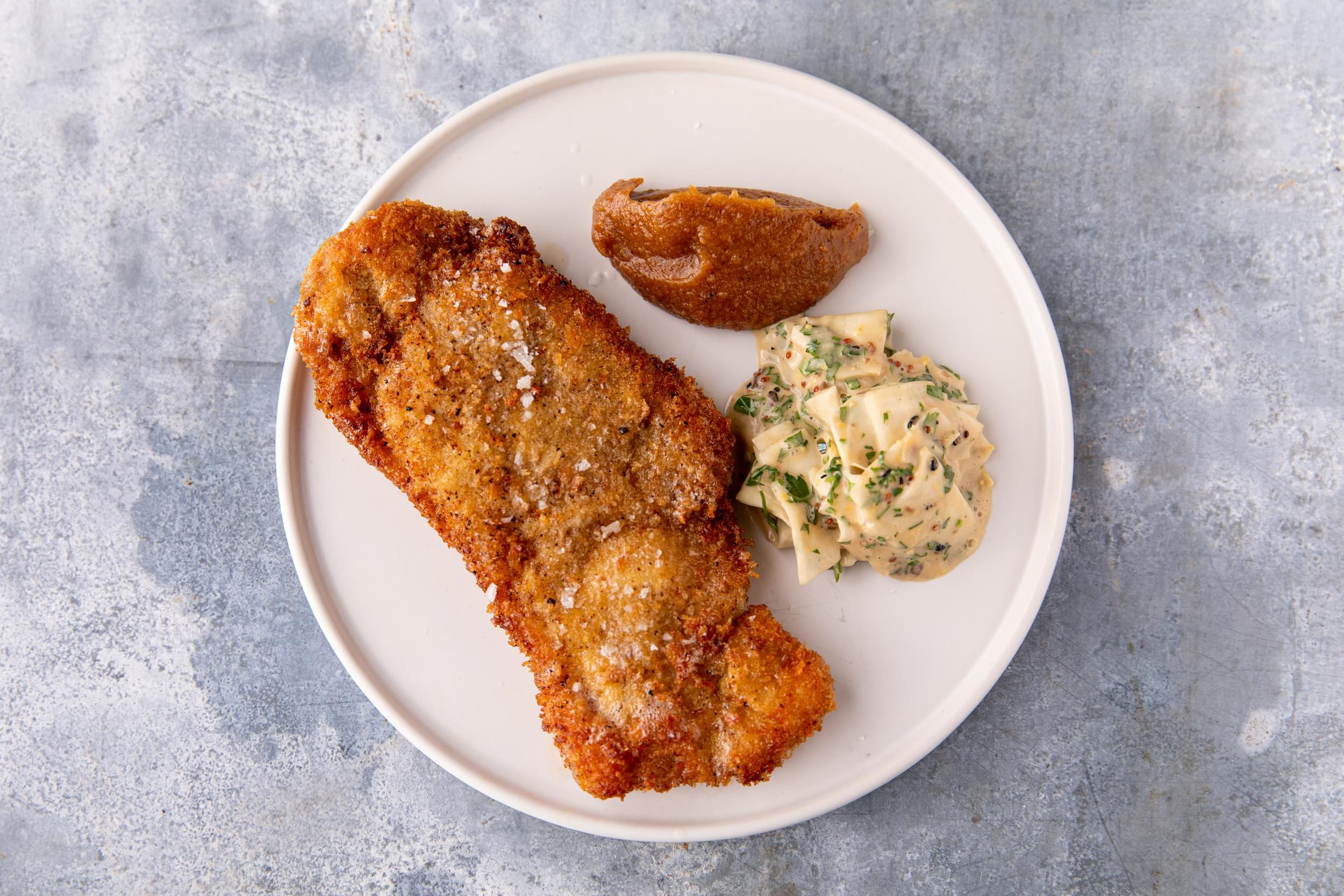 Pork Schnitzel with burnt apple ketchup – Gozney
