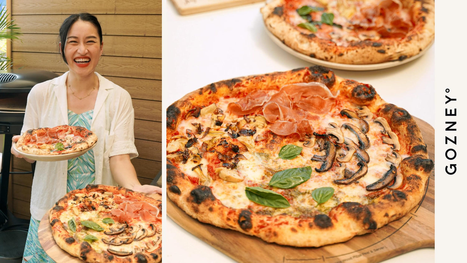 Chef Feng holding her Four Seasons pizza recipe poster image