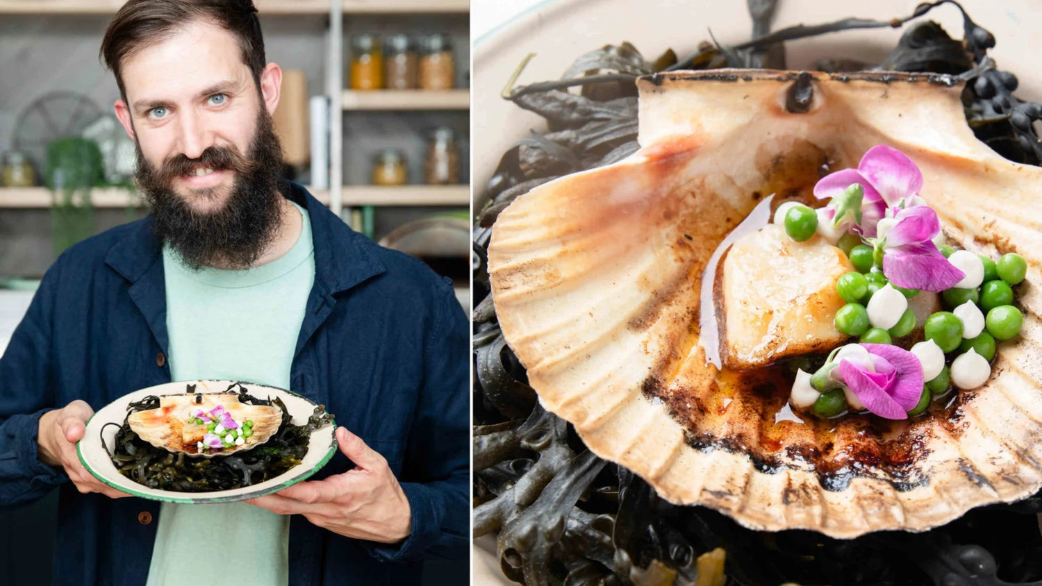 Brad carter next to Orkney Scallops, English Peas, Smoked Cod's Roe recipe poster image