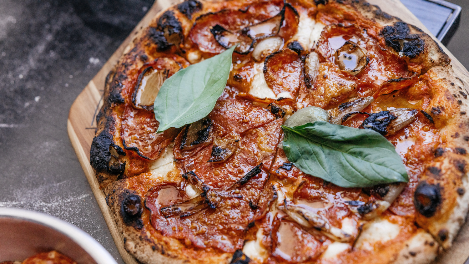 spicy italian pizza with basil and shallots recipe poster image
