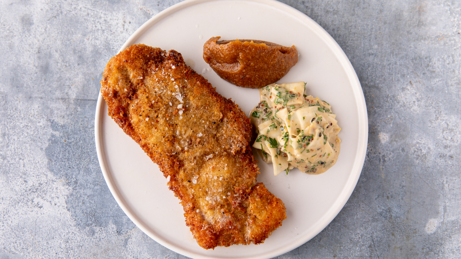 Pork Schnitzel with burnt apple ketchup and mashed potatos